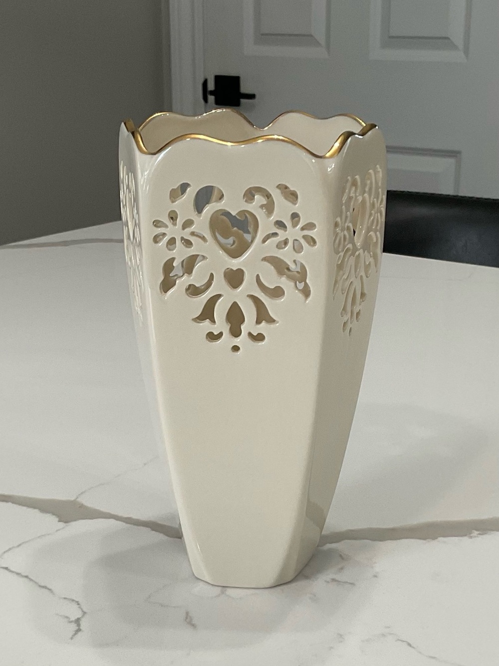 Lenox Cream Ceramic Vase with Gold Trim and Cutout Heart Design